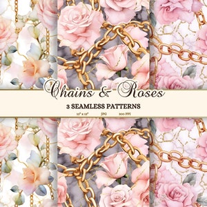 3 Seamless Patterns Watercolor Chains and Roses, Digital Paper Gold Chains, JPG Download, Pink Aesthetic Floral, Alcohol Ink Flowers Tile