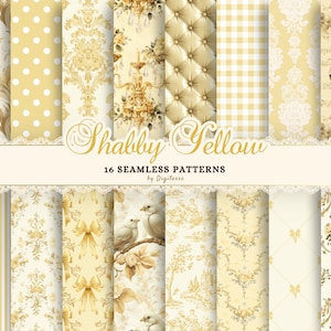 Vintage Gelb nahtlose Dateien, Shabby Chic Hintergrundbilder Download, Cottagecore Junk Journal Papier bedruckbar, französisches Land Digital Paper Pack