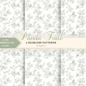 May include: Three seamless patterns featuring a panda toile design. The patterns have a white background with a light green illustration of pandas in a forest setting. The text "Panda Toile" and "3 seamless patterns" are also visible.