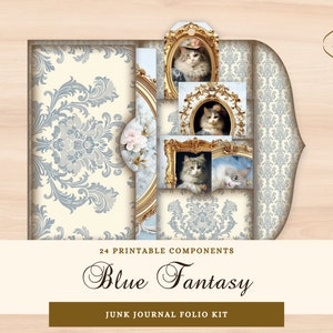 Kit folio imprimable chats dans des vêtements, folio pour journal indésirable floral bleu, éphémères de journal indésirable pour chat vintage, dossier chargé, composants chat rococo