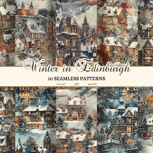 Pagine stampabili del diario spazzatura invernale di Edimburgo Cozy JPG, carta per scrapbooking scozzese, motivi senza soluzione di continuità ad acquerello del villaggio di Natale innevato