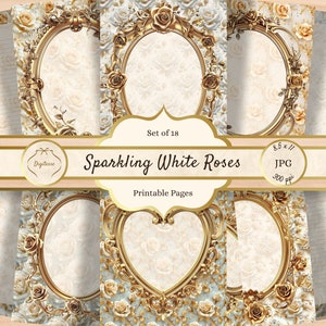 Papel de cuaderno digital de rosas blancas, papel de álbum de recortes elegante imprimible, páginas de diario basura de bodas florales JPG, descarga de papel de notas estético