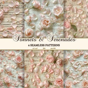 Papel digital estético coquete, padrão sem emendas de pétalas de rosa, papel de diário de lixo para partituras, papel de scrapbook com letras antigas, JPG rococó