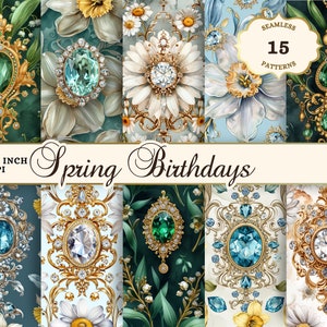 Lente geboortesteen digitaal papier JPG, bloemen verjaardag naadloze patronen, smaragd, diamant, aquamarijn, lelietje-van-dalen, madeliefje, narcis
