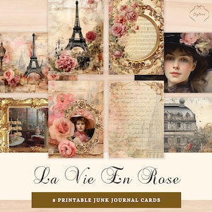 Cartes noires et roses pour le journal indésirable de Paris, cartes ATC shabby Chic, éphémères imprimables de scrapbooking Belle Epoque, compléments pour le journal indésirable Tour Eiffel