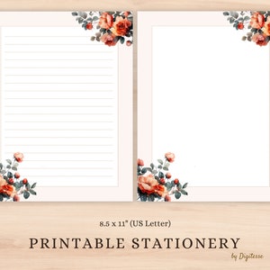 Puede incluir: Papelería imprimible con un diseño floral en las esquinas, con rosas rojas y naranjas. El papel es rayado y mide 21,6 x 27,9 cm (tamaño carta).