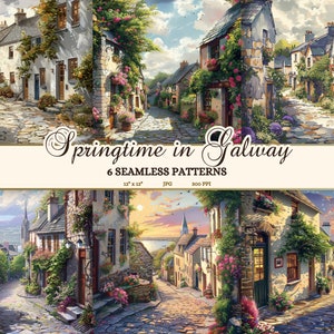 以下が含まれることがあります： 石畳の道、カラフルな家、緑豊かな植物が特徴の、絵のように美しい村のシーンを描いた、シームレスなデジタルパターン6つ。パターンは「Springtime in Galway」というタイトルで、サイズは12インチ×12インチ、300ppiです。