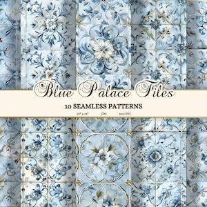 May include: Ten digital seamless patterns of blue and white tiles with gold accents. The tiles feature a floral design with intricate details. The patterns are 12 inches by 12 inches and 300 pixels per inch.