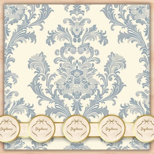 以下が含まれることがあります： 青とクリームの色合いのダマスク柄のシームレスなデジタルペーパーパターン。パターンには、複雑な花のモチーフと渦巻きが特徴です。