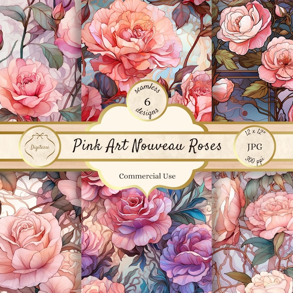 Pink Art Nouveau Roses Seamless Pattern Set, Belle Epoque Digital Scrapbooking Paper Watercolor Roses, Aesthetic Floral Paper for Crafters