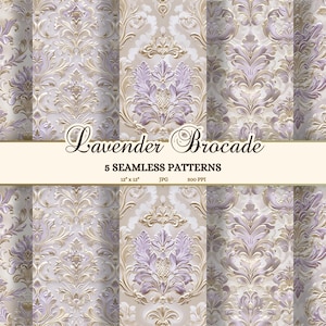 Lila Damast Nahtlose Muster, Royal Lavender Junk Journal Papier zum Ausdrucken, eleganter lila Hintergrund Download, Rokoko Brokat Textur JPG