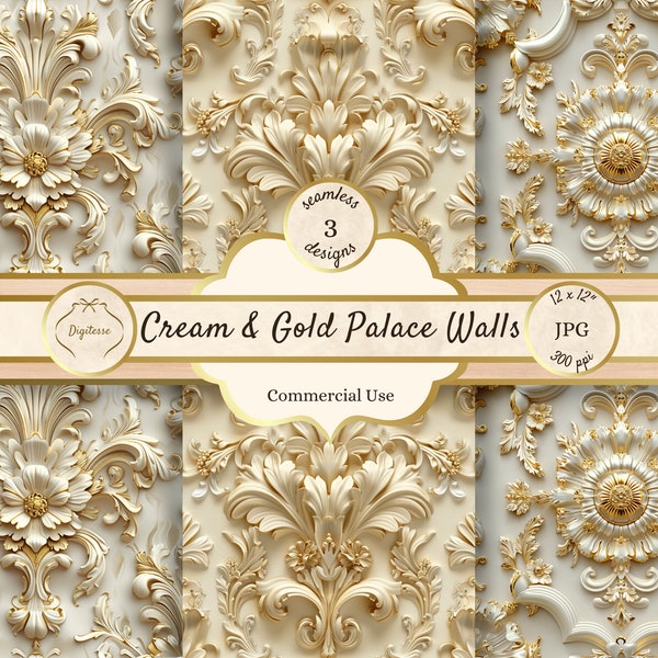 Cream & Gold Rococo Seamless Pattern, Marie Antoinette Junk Journal Printable Paper, Royal Luxury Scrapbook, Baroque Dollhouse Wallpaper JPG