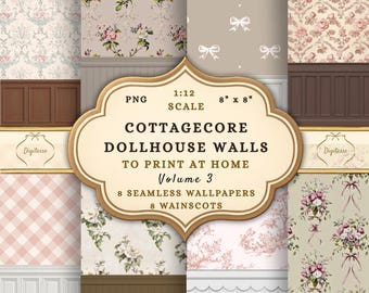 Printable Cottagecore Dollhouse Wallpaper & Wainscoting, 1:12 Scale Shabby Chic Miniatures (Instant Download)