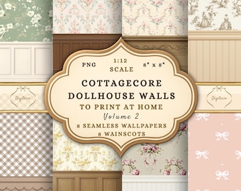 1:12 Scale Cottagecore Wallpaper & Wainscoting Download, Shabby Chic Dollhouse Printables