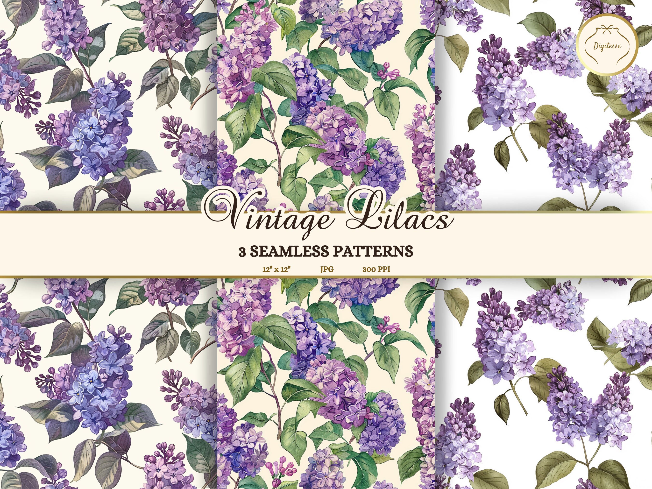 Vintage Lilacs Seamless Pattern Set, Purple Cottagecore Lilacs Junk Journal Paper Printable, Shabby Chic Floral Scrapbook Paper Download JPG