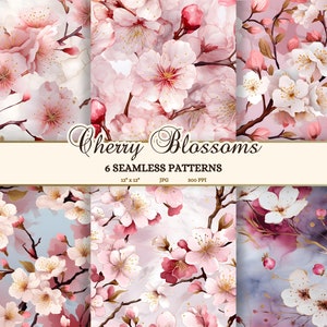 Nahtlose Muster Kirschblüten Digitales Papier für das Basteln, Aquarell Sakura Clip Art für Scrapbooking, sich wiederholende Kachel, kommerzielle Nutzung
