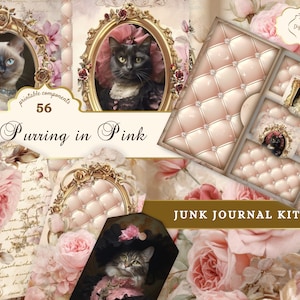 Lot imprimable de journal indésirable Chats dans des vêtements, kit de journal indésirable floral rose JPG, téléchargement de journal indésirable vintage, pages cartes tags éphémères