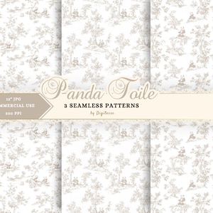 Animal toile de jouy, neutraal afdrukbaar behang voor kinderkamer, schattig digitaal papier, naadloze patronen pandabeer, vintage taupe download