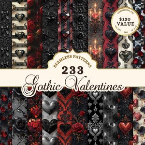 May include: A set of 23 digital seamless patterns featuring gothic Valentine's Day themes. The patterns include hearts, roses, and other romantic elements in black, red, and white.