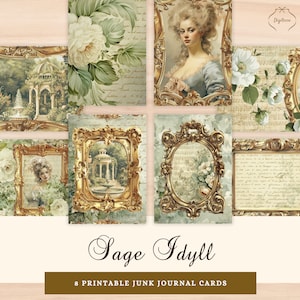 Sage Green Junk Journal Cards Rococo, Shabby Chic Junk Journal Components, Vintage Floral Ephemera, ATC Printable Download, Antique, JJSAGE