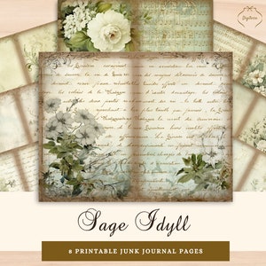 Sage Green Junk Journal imprimible, páginas de diario basura Shabby Chic, papeles florales vintage, descarga plegable de 8,5 x 11, base de diario basura verde