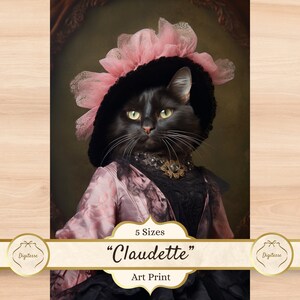 プリンセス黒猫の絵画、ロココ調アートプリント、黒猫の肖像画、ユニークな猫の壁飾り、猫好きの方へのホリデープレゼント、黒猫のギフト