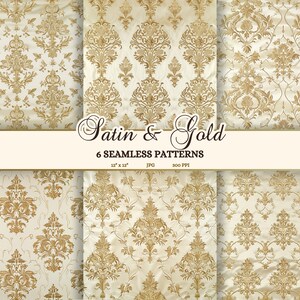Gold Brokat Musterdesign, Barock Junk Journal Seiten zum Ausdrucken, Rokoko Spitze Hochzeit Scrapbooking Papier, Eleganter Luxus Creme Satin JPG