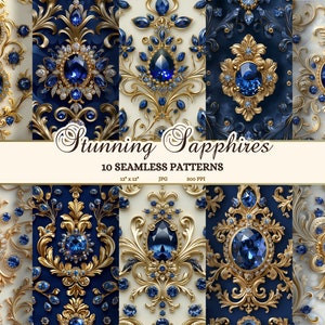 Königliche Saphir-Nahtlose Muster, Blaue Barockjuwelen JPG, Elegantes Rokoko Junk Journal Bedruckbare Seiten, Dekorpapier Sapphire Edelstein