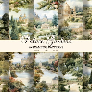 Paleis van Versailles Junk Journal, elegante koninklijke tuin digitaal papier, Light Academia esthetic aquarel naadloos patroon, Franse illustraties