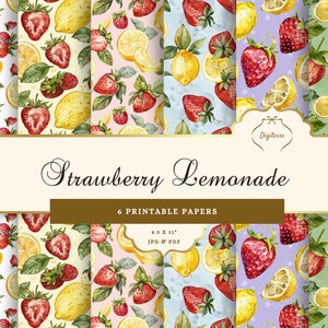 Papel de fresa imprimible, papel de scrapbooking de limón y fresa para el verano, descarga de papel de diario basura, lindo papel de elaboración de frutas de verano