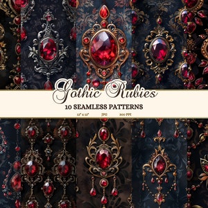 Middeleeuwse robijnen digitaal afdrukbaar papier, gotische vampiersieraden naadloze patronen voor Halloween, koninklijke rode edelstenen decoratief papier JPG