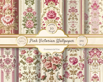 Pink Victorian Seamless Patterns, Victorian Dollhouse Wallpaper Printable, Junk Journal Pages Vintage, Floral Striped Decorative Paper JPG