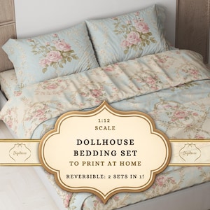 May include: Dollhouse bedding set with a floral design in pale blue and cream. The set includes two pillowcases and a duvet cover, featuring pink roses. The text on the image reads "Dollhouse Bedding Set to Print at Home".