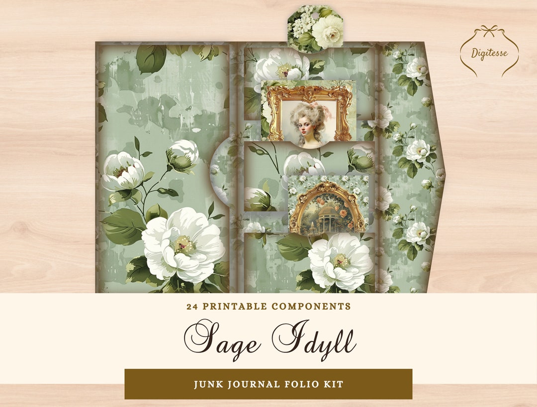 Sage Green Junk Journal Folio Kit, Shabby Chic Rococo Ephemera (PDF) - Etsy