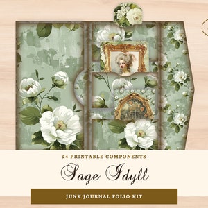 Kit de folio de diario basura verde salvia, folio Shabby Chic imprimible, efímera floral rococó, carpeta cargada vintage, etiqueta de tarjetas de diario verde claro