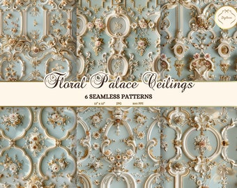 Light Blue Rococo Seamless Patterns, Versailles Palace Ceiling, Elegant Aqua Junk Journal Pages, Marie Antoinette Aesthetic Scrapbook Paper