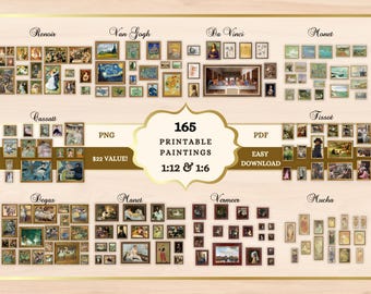 Printable Dollhouse Art Bundle, Miniature Gallery Wall Download, Famous Paintings 1:12 Scale, Digital Collage Sheet, Playscale Artwork PNG