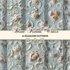 Papel de álbum de recortes rococó azul, páginas de diario basura de María Antonieta, patrones florales estéticos sin costuras, elegante fondo de pantalla con rosas de Versalles JPG