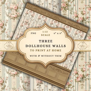 May include: Three dollhouse wall designs to print at home, featuring floral and striped patterns. The image includes a label with the text "THREE DOLLHOUSE WALLS TO PRINT AT HOME" and dimensions of 20.32cm x 20.32cm.