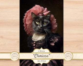 Arte de gato negro disfrazado, pintura de gato negro real, regalo navideño único para amantes de los gatos, retrato histórico de gato reina, póster de gato rococó