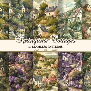 Ästhetisches Frühlingsdorf Scrapbook-Papier, Malerische Loire Valley Cottages Junk Journal, Französische Landhäuser Musterdesign JPG