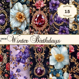 Pacote de padrões sem emendas para aniversário, papel digital de pedra de nascimento floral, granada, cravo, ametista, violeta, narciso, topázio, pedra preciosa barroca