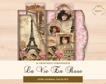 May include: A printable junk journal folio kit with 25 components. The kit features a vintage Parisian theme with images of the Eiffel Tower, roses, and women in vintage clothing. The title of the kit is "La Vie En Rose".