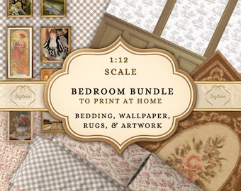Neutral Cottagecore Bedroom Set for 1:12 Scale Dollhouse, Shabby Chic Printable Miniature Bundle with Toile Wallpaper, Brown Rugs,  and Art