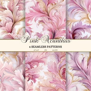 Rosa und Gold Akanthus Digital Papier, Elegante Barocke Blüten Muster, Zarte Feminine Aquarell Printable Scrapbooking Papier
