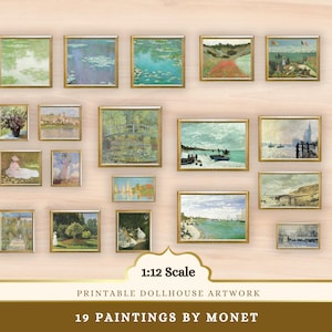 May include: A collection of 19 miniature Monet paintings in gold frames, arranged on a light wood-grain background. The artwork is labeled as 1:12 scale printable dollhouse art. The text at the bottom reads "19 Paintings by Monet."