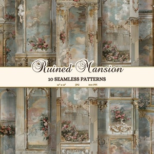 Modelli senza cuciture rococò, carta da parati shabby chic per case delle bambole, carta digitale invecchiata, diario spazzatura del palazzo stregato, sfondo della casa stregata