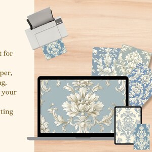 以下が含まれることがあります： 青と白のダマスク柄のデジタルダウンロード。パターンは、ラップトップの画面、タブレット、電話に表示されます。パターンは、印刷して壁紙として使用するために最適です。