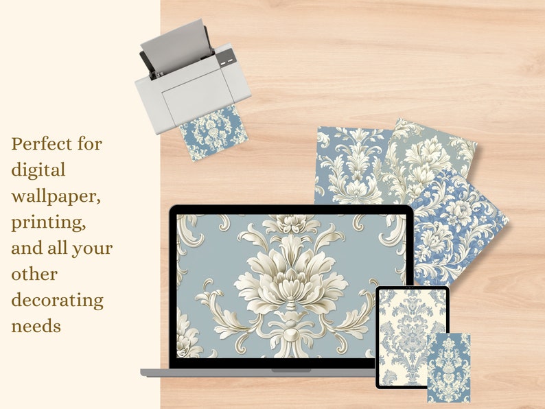 以下が含まれることがあります： 青と白のダマスク柄のデジタルダウンロード。パターンは、ラップトップの画面、タブレット、電話に表示されます。パターンは、印刷して壁紙として使用するために最適です。