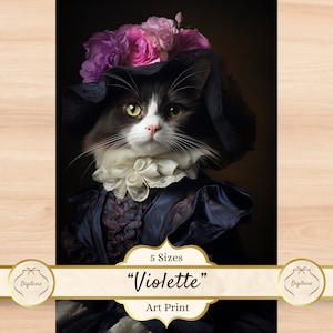 Tuxedo Cat Art Print, Victorian Cat Painting, Black and White Cat Art Poster, Tuxedo Cat Gift for Cat Lover, Costumed Tuxedo Cat Portrait